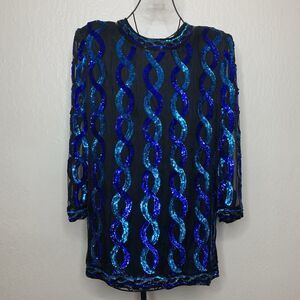 Vintage Tan-Chho Exclusive Blue Black Beaded Sequins Top Women’s SZ XL STUNNING